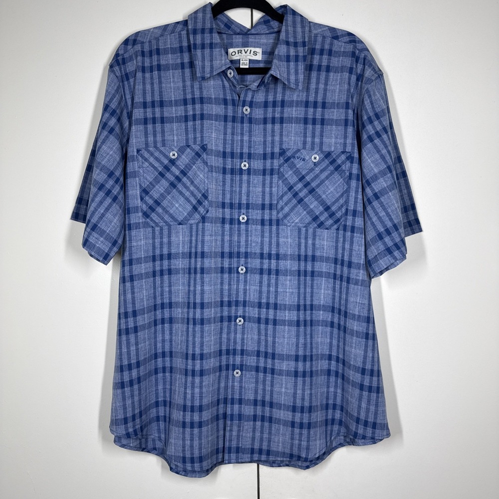 Orvis Mens Blue Plaid Short Sleeve Button Down Fishing‎ Shirt Size XL Minimalist